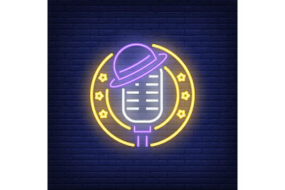 Download Stage Neon Icon. Mic with Hat in Circle - Neon Collection