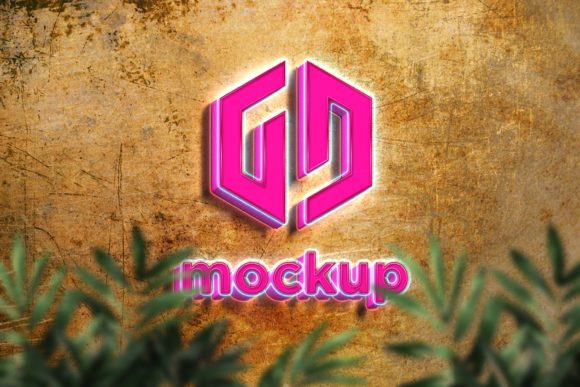 Download Neon Logo Mockup Behind the Green Leaves - Neon Collection
