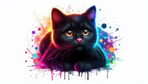 Download Curious Black Cat with Neon Splashes in - Neon Collection