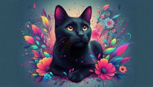 Download Curious Black Cat with Neon Splashes in - Neon Collection