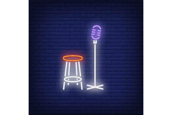 Download Stage Neon Icon. Mic and Chair on Brick - Neon Collection