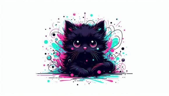 Download Adorable Black Kittenwith Neon Splashes - Neon Collection