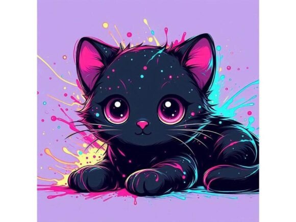 Download Adorable Black Kittenwith Neon Splashes - Neon Collection