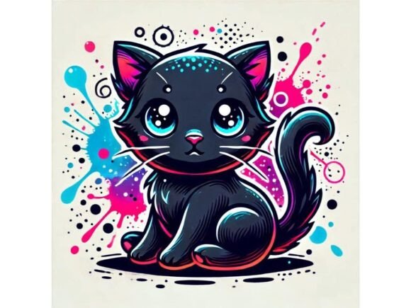 Download Adorable Black Kittenwith Neon Splashes - Neon Collection